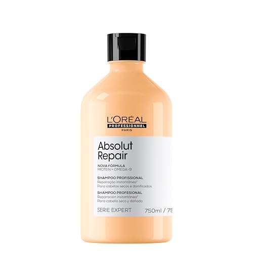 L’Oréal Professionnel Absolut Repair, Shampoo Profissional com Proteína de Trigo e Ômega 9, Ação Reparadora para Cabelos Secos e Danificados, 750ml